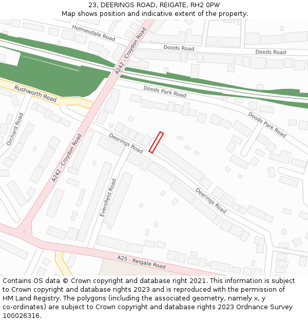23, DEERINGS ROAD, REIGATE, RH2 0PW: Location map and indicative extent of plot