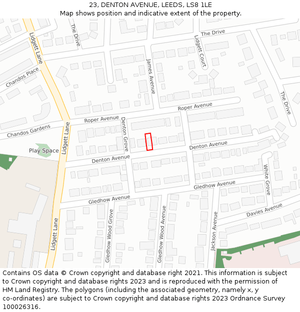 23, DENTON AVENUE, LEEDS, LS8 1LE: Location map and indicative extent of plot