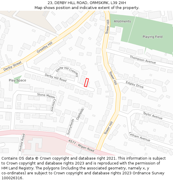 23, DERBY HILL ROAD, ORMSKIRK, L39 2XH: Location map and indicative extent of plot
