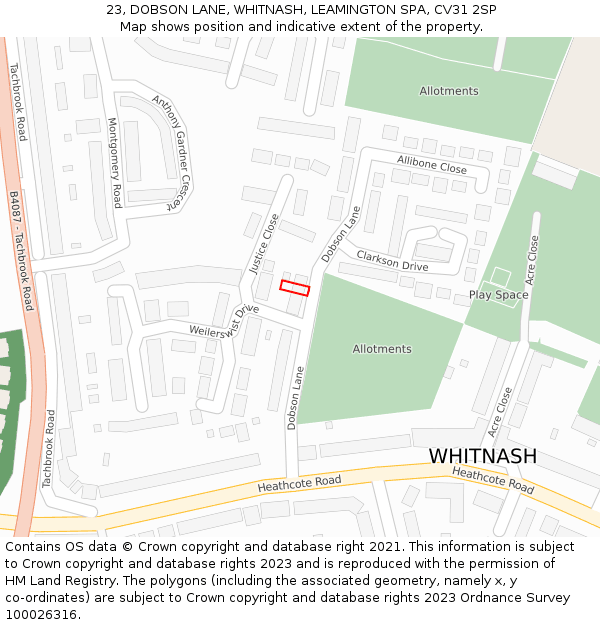 23, DOBSON LANE, WHITNASH, LEAMINGTON SPA, CV31 2SP: Location map and indicative extent of plot