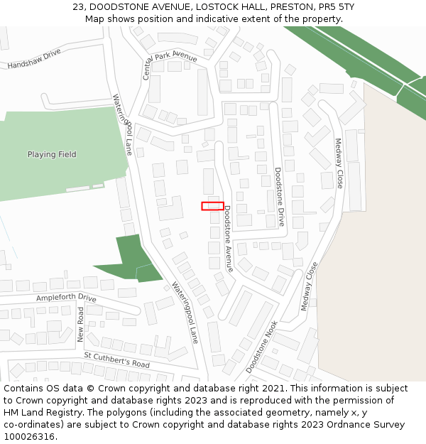 23, DOODSTONE AVENUE, LOSTOCK HALL, PRESTON, PR5 5TY: Location map and indicative extent of plot