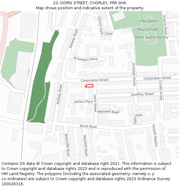 23, DORIS STREET, CHORLEY, PR6 0HA: Location map and indicative extent of plot
