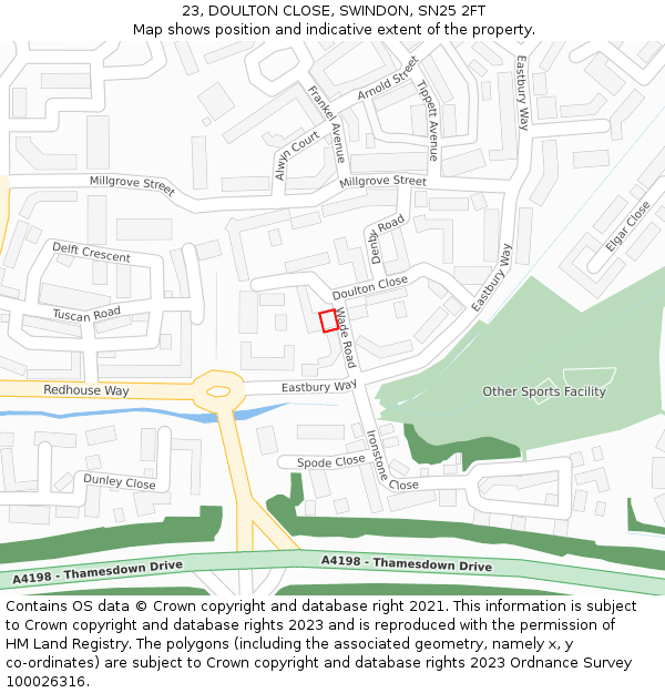 23, DOULTON CLOSE, SWINDON, SN25 2FT: Location map and indicative extent of plot