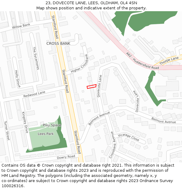 23, DOVECOTE LANE, LEES, OLDHAM, OL4 4SN: Location map and indicative extent of plot