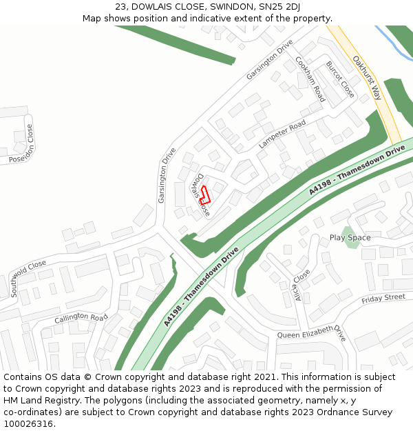 23, DOWLAIS CLOSE, SWINDON, SN25 2DJ: Location map and indicative extent of plot
