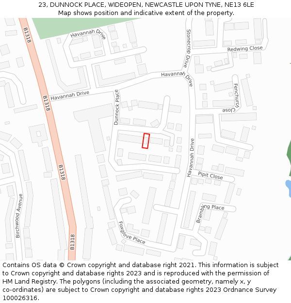23, DUNNOCK PLACE, WIDEOPEN, NEWCASTLE UPON TYNE, NE13 6LE: Location map and indicative extent of plot