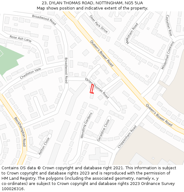 23, DYLAN THOMAS ROAD, NOTTINGHAM, NG5 5UA: Location map and indicative extent of plot