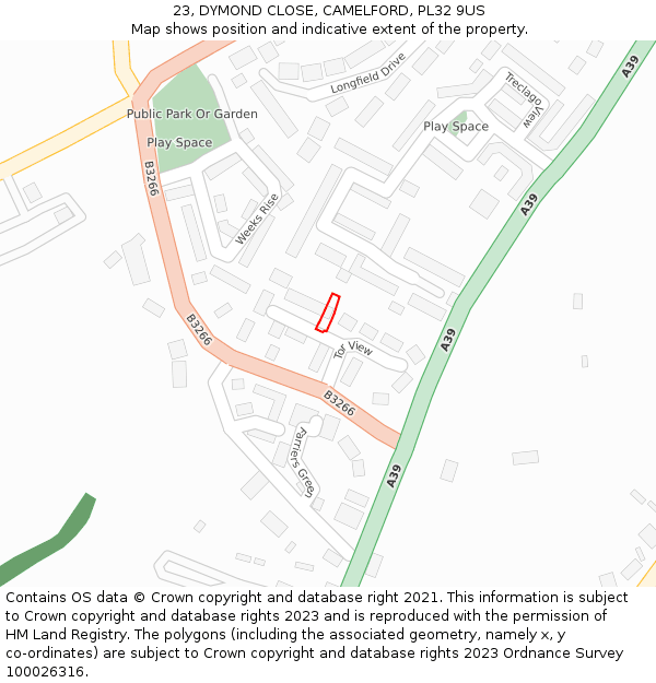 23, DYMOND CLOSE, CAMELFORD, PL32 9US: Location map and indicative extent of plot
