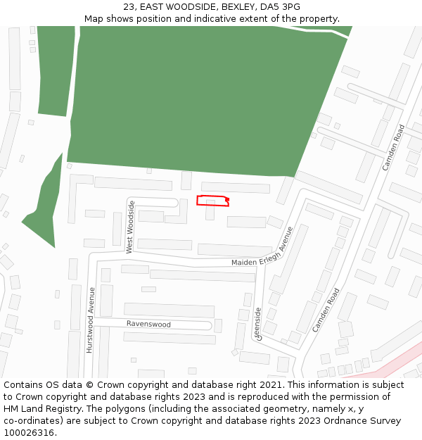 23, EAST WOODSIDE, BEXLEY, DA5 3PG: Location map and indicative extent of plot