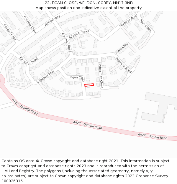 23, EGAN CLOSE, WELDON, CORBY, NN17 3NB: Location map and indicative extent of plot