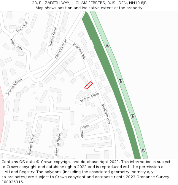 23, ELIZABETH WAY, HIGHAM FERRERS, RUSHDEN, NN10 8JR: Location map and indicative extent of plot