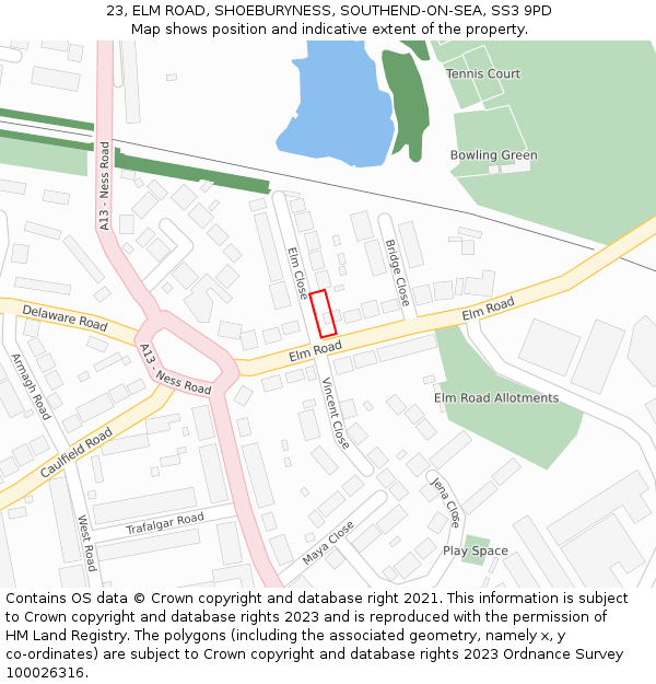 23, ELM ROAD, SHOEBURYNESS, SOUTHEND-ON-SEA, SS3 9PD: Location map and indicative extent of plot