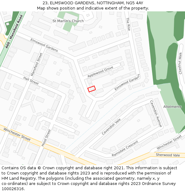 23, ELMSWOOD GARDENS, NOTTINGHAM, NG5 4AY: Location map and indicative extent of plot