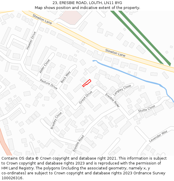 23, ERESBIE ROAD, LOUTH, LN11 8YG: Location map and indicative extent of plot