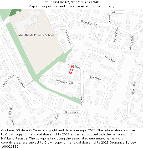 23, ERICA ROAD, ST IVES, PE27 3AF: Location map and indicative extent of plot