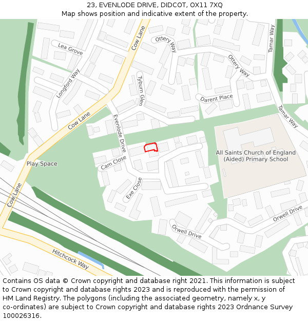 23, EVENLODE DRIVE, DIDCOT, OX11 7XQ: Location map and indicative extent of plot