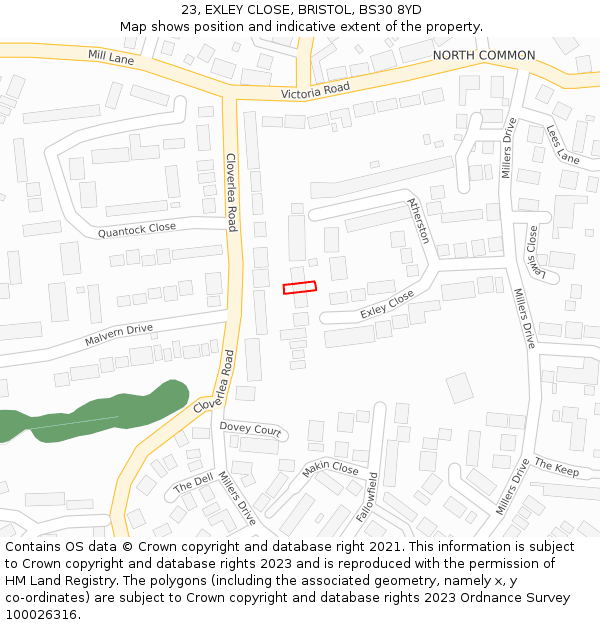 23, EXLEY CLOSE, BRISTOL, BS30 8YD: Location map and indicative extent of plot