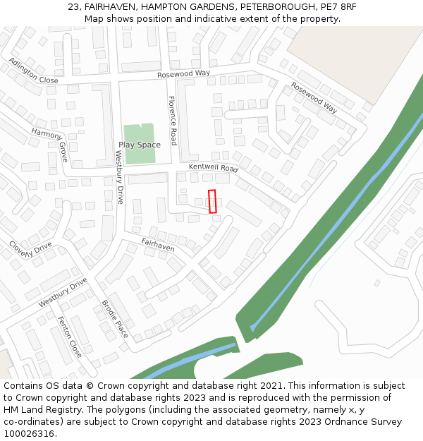 23, FAIRHAVEN, HAMPTON GARDENS, PETERBOROUGH, PE7 8RF: Location map and indicative extent of plot