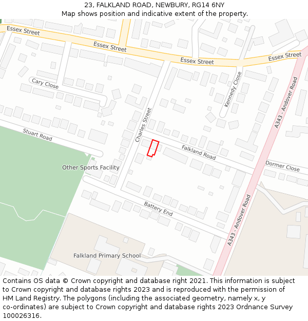 23, FALKLAND ROAD, NEWBURY, RG14 6NY: Location map and indicative extent of plot