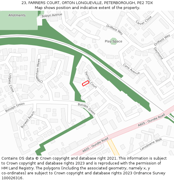 23, FARRIERS COURT, ORTON LONGUEVILLE, PETERBOROUGH, PE2 7DX: Location map and indicative extent of plot