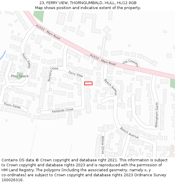 23, FERRY VIEW, THORNGUMBALD, HULL, HU12 9GB: Location map and indicative extent of plot