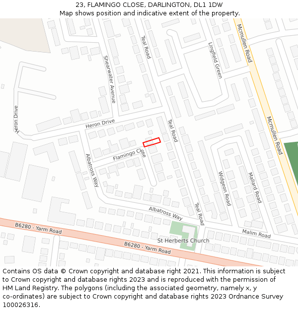 23, FLAMINGO CLOSE, DARLINGTON, DL1 1DW: Location map and indicative extent of plot