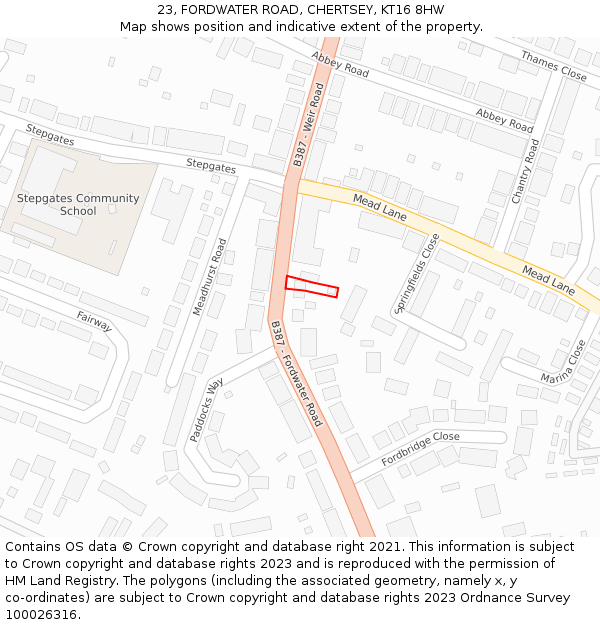 23, FORDWATER ROAD, CHERTSEY, KT16 8HW: Location map and indicative extent of plot