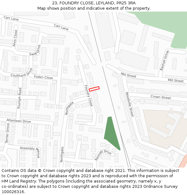 23, FOUNDRY CLOSE, LEYLAND, PR25 3RA: Location map and indicative extent of plot