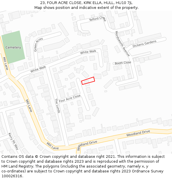 23, FOUR ACRE CLOSE, KIRK ELLA, HULL, HU10 7JL: Location map and indicative extent of plot