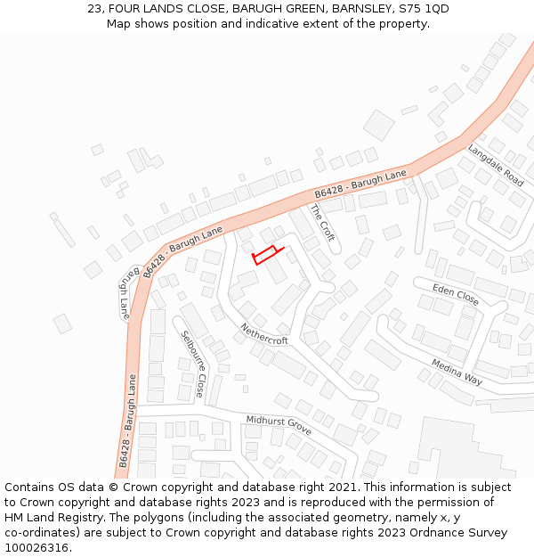 23, FOUR LANDS CLOSE, BARUGH GREEN, BARNSLEY, S75 1QD: Location map and indicative extent of plot