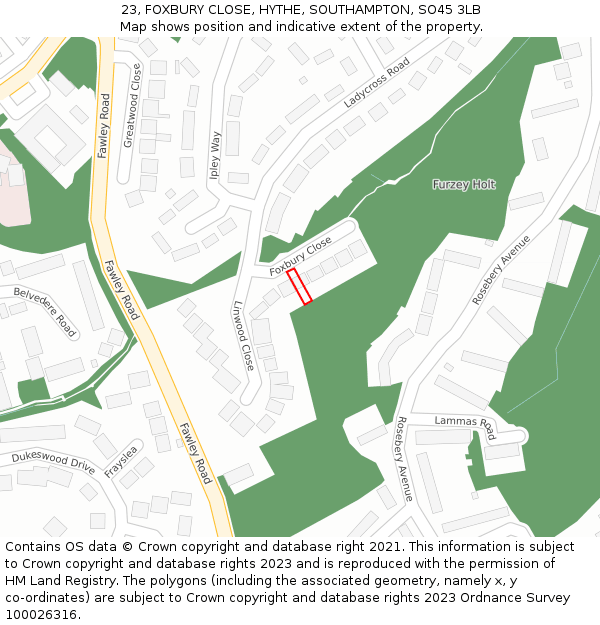 23, FOXBURY CLOSE, HYTHE, SOUTHAMPTON, SO45 3LB: Location map and indicative extent of plot