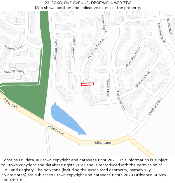 23, FOXGLOVE AVENUE, DROITWICH, WR9 7TW: Location map and indicative extent of plot