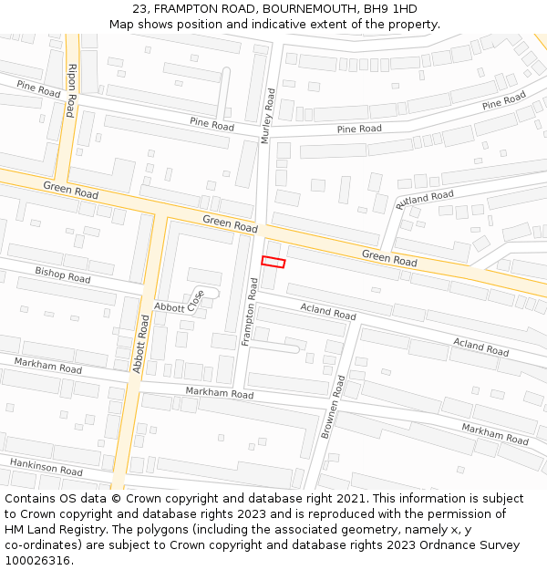 23, FRAMPTON ROAD, BOURNEMOUTH, BH9 1HD: Location map and indicative extent of plot