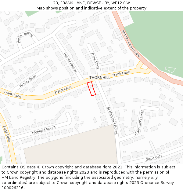 23, FRANK LANE, DEWSBURY, WF12 0JW: Location map and indicative extent of plot