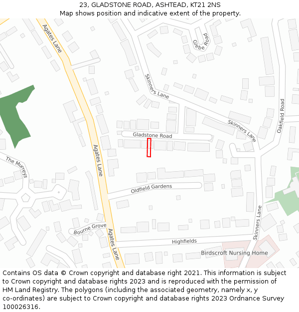 23, GLADSTONE ROAD, ASHTEAD, KT21 2NS: Location map and indicative extent of plot