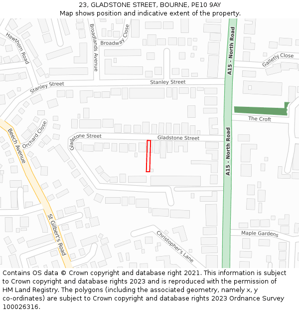 23, GLADSTONE STREET, BOURNE, PE10 9AY: Location map and indicative extent of plot
