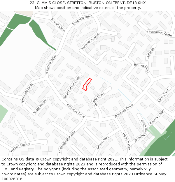 23, GLAMIS CLOSE, STRETTON, BURTON-ON-TRENT, DE13 0HX: Location map and indicative extent of plot