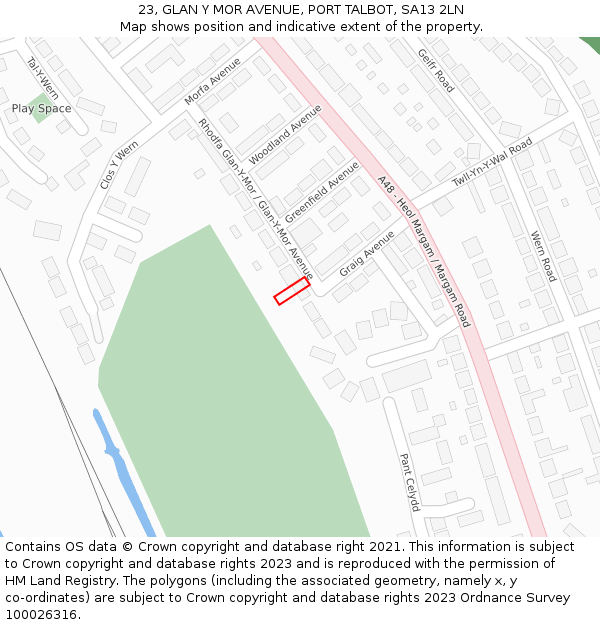 23, GLAN Y MOR AVENUE, PORT TALBOT, SA13 2LN: Location map and indicative extent of plot