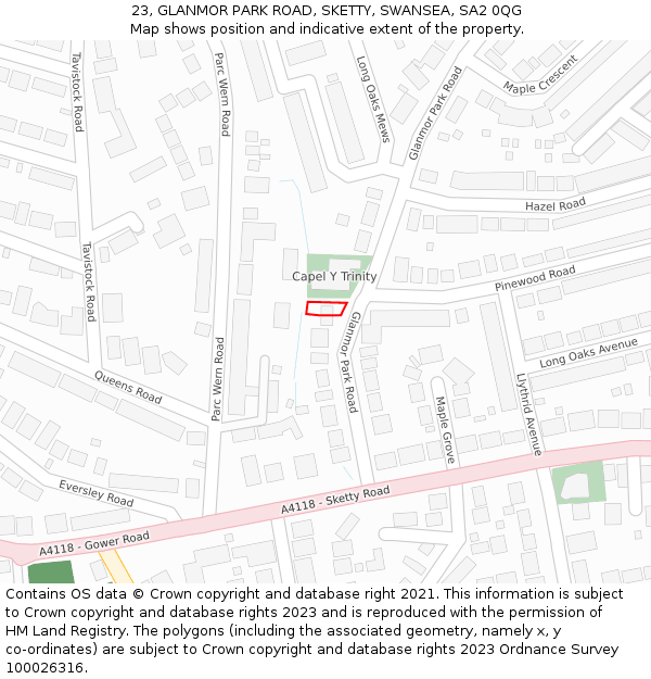 23, GLANMOR PARK ROAD, SKETTY, SWANSEA, SA2 0QG: Location map and indicative extent of plot