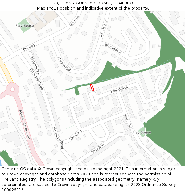 23, GLAS Y GORS, ABERDARE, CF44 0BQ: Location map and indicative extent of plot