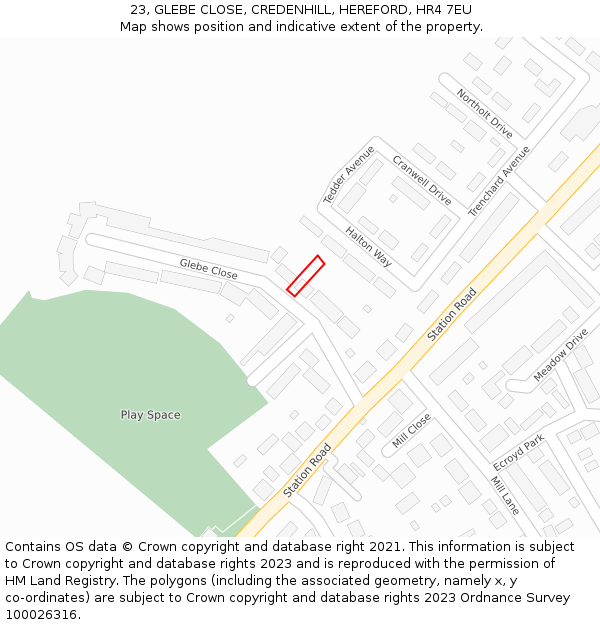 23, GLEBE CLOSE, CREDENHILL, HEREFORD, HR4 7EU: Location map and indicative extent of plot