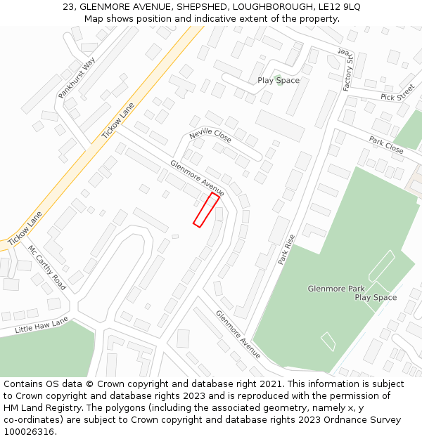 23, GLENMORE AVENUE, SHEPSHED, LOUGHBOROUGH, LE12 9LQ: Location map and indicative extent of plot