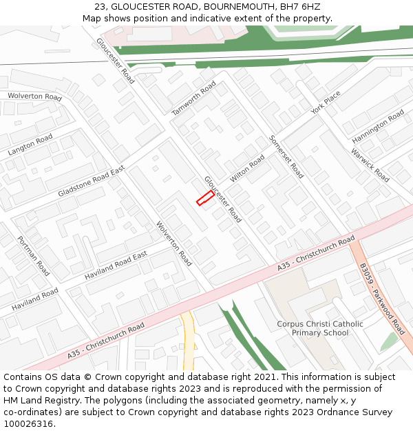 23, GLOUCESTER ROAD, BOURNEMOUTH, BH7 6HZ: Location map and indicative extent of plot
