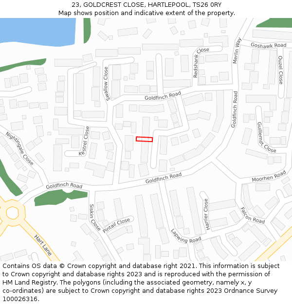 23, GOLDCREST CLOSE, HARTLEPOOL, TS26 0RY: Location map and indicative extent of plot