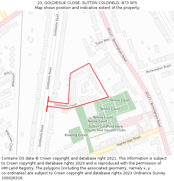 23, GOLDIESLIE CLOSE, SUTTON COLDFIELD, B73 5PS: Location map and indicative extent of plot
