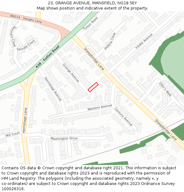 23, GRANGE AVENUE, MANSFIELD, NG18 5EY: Location map and indicative extent of plot