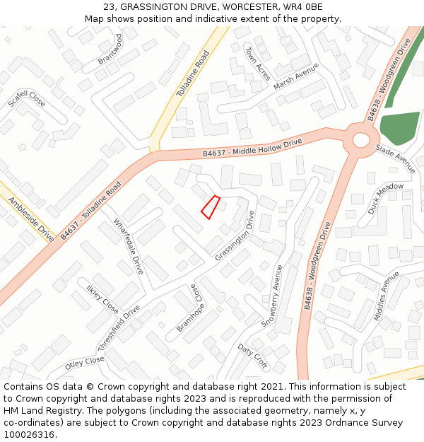 23, GRASSINGTON DRIVE, WORCESTER, WR4 0BE: Location map and indicative extent of plot