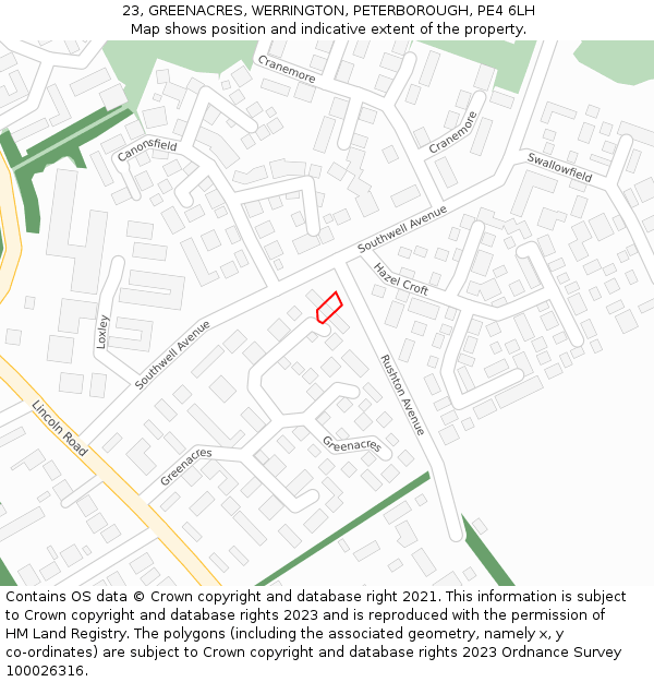 23, GREENACRES, WERRINGTON, PETERBOROUGH, PE4 6LH: Location map and indicative extent of plot