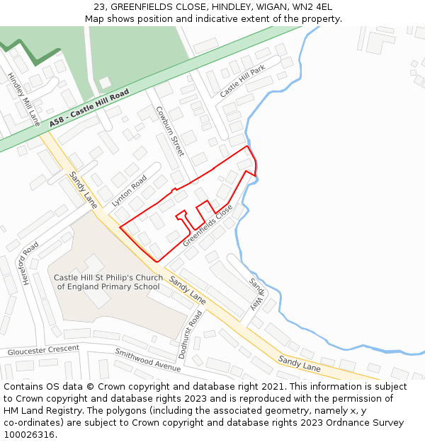 23, GREENFIELDS CLOSE, HINDLEY, WIGAN, WN2 4EL: Location map and indicative extent of plot