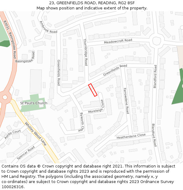23, GREENFIELDS ROAD, READING, RG2 8SF: Location map and indicative extent of plot